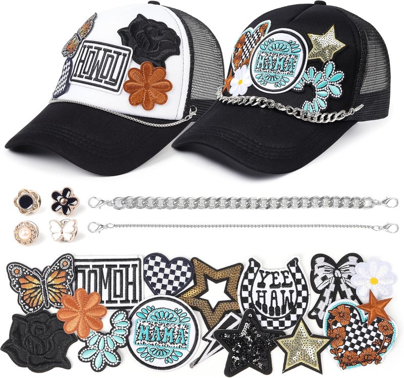 Meneng Western Trucker Hat for Cowboy: Men Women Adjustable Snapback Caps with 8pcs Embroidered Patches and a Chain - Image 1